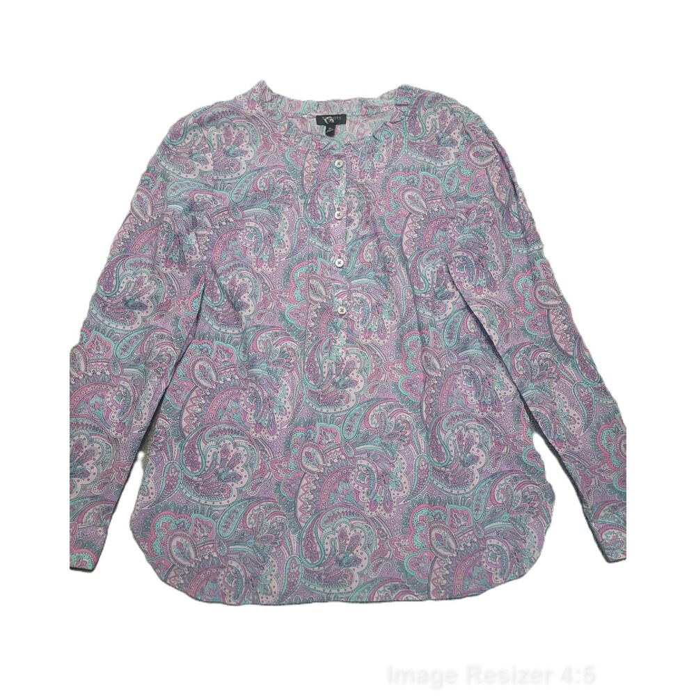 Talbots Henley Blouse Womens S p Long Sleeve Purple Paisley Cotton Tunic